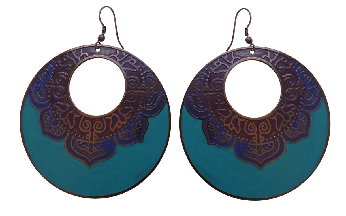 Bulk Buy Circle Shaped Metal Earrings in Bulk - Wholesale Handmade Dangle/Drop Earrings Finished in Blue & Purple Color Decorated with Intricate Patterns - Women Fashion Accessories & Supplies