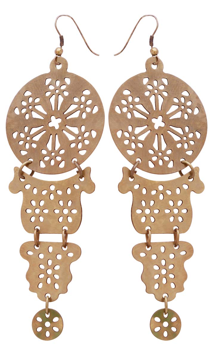 Wholesale Pair of Double Hanging Earrings - Handmade Dangle/Drop Earrings with Multiple Drops in Metal with Dull Golden Finish - Designed with Intricate Cut-Out Patterns - Buy Bulk Women Fashion Jewelry & Accessories