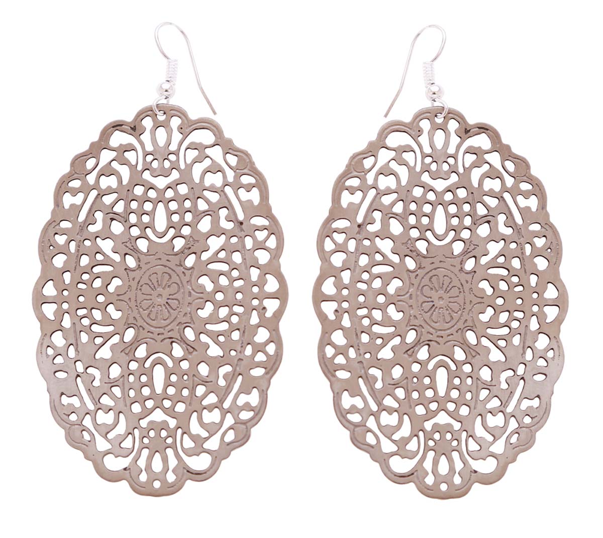 Wholesale Metal Oval Shaped Earrings in Bulk - Handmade Drop Earrings with Dull Golden Finish - Designed with Intricate Cut-Out Patterns - Fashion Jewelry & Accessories from India