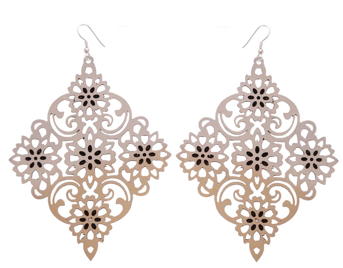 Bulk Buy Diamond Shaped Metal Earrings in Bulk - Wholesale Handmade Dangle/Drop Earrings with Golden Finish - Designed with Intricate Cut-Out Patterns - Women Fashion Accessories & Supplies