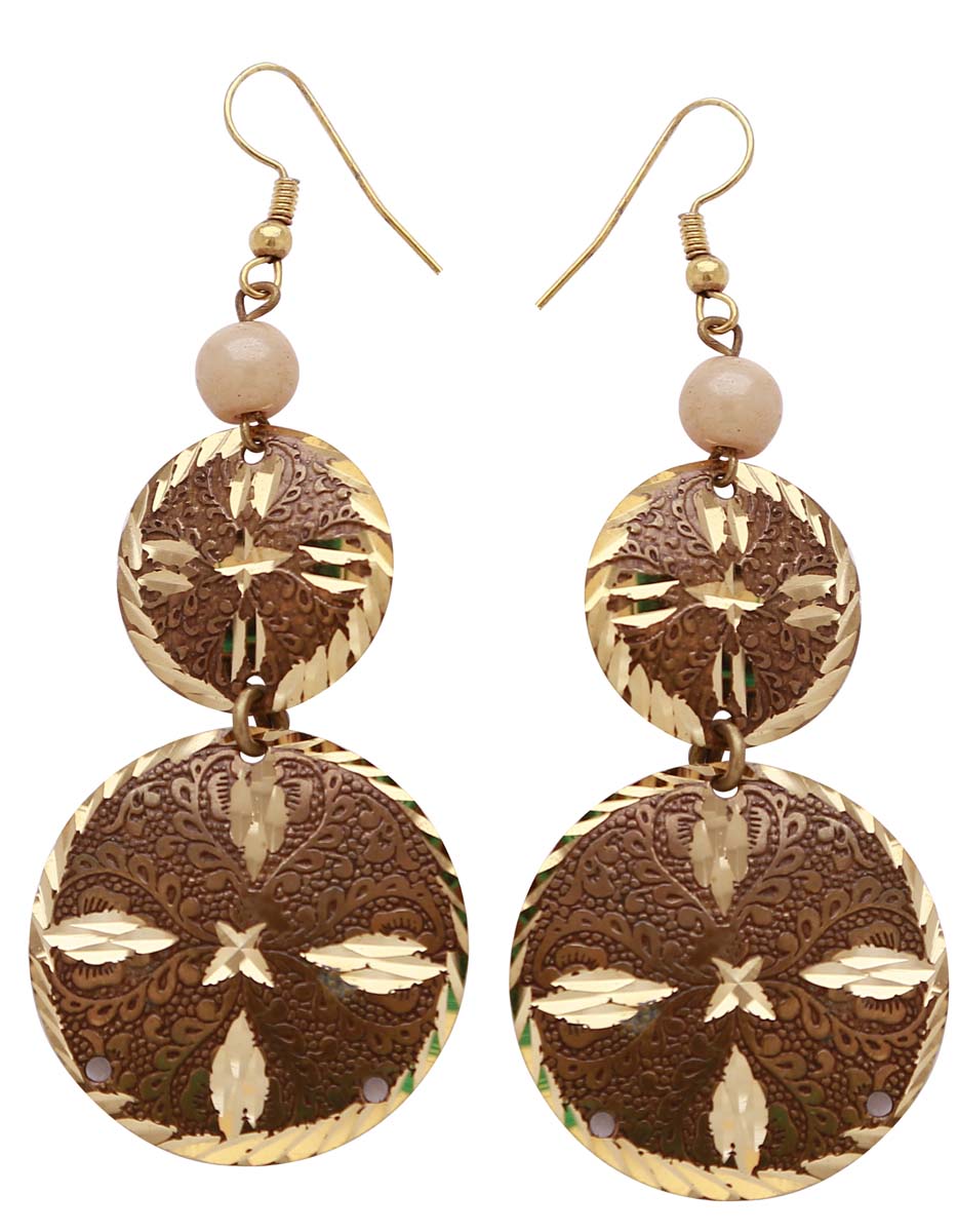 Wholesale Pair of Double Drop Brass Earrings - Small & Large Round Hanging Discs - Golden-Tone & Brown - Traditional Etching - Buy Bulk Women Fashion Jewelry & Accessories