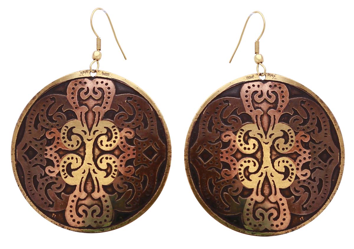 Bulk Buy Metal Earrings with Golden & Copper Finish - Wholesale Handmade Circle Shaped Dangle/Drop Earrings Decorated with Traditional Motifs - Women Fashion Accessories & Supplies
