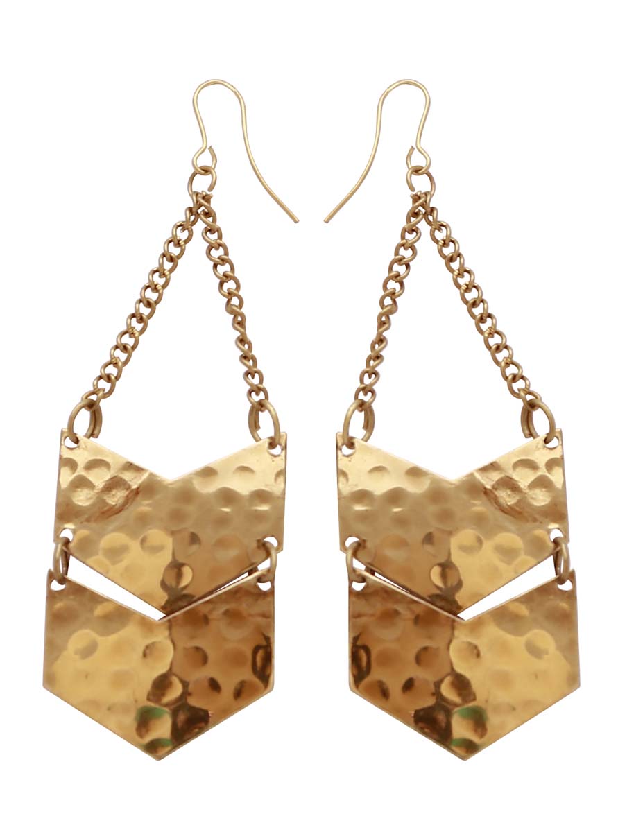 Wholesale Brass Double Drop Earrings - Arrowhead Shape - Hammered Pin Hole Texture - Glistening Golden-Tone - Buy Bulk Women Fashion Jewelry & Accessories