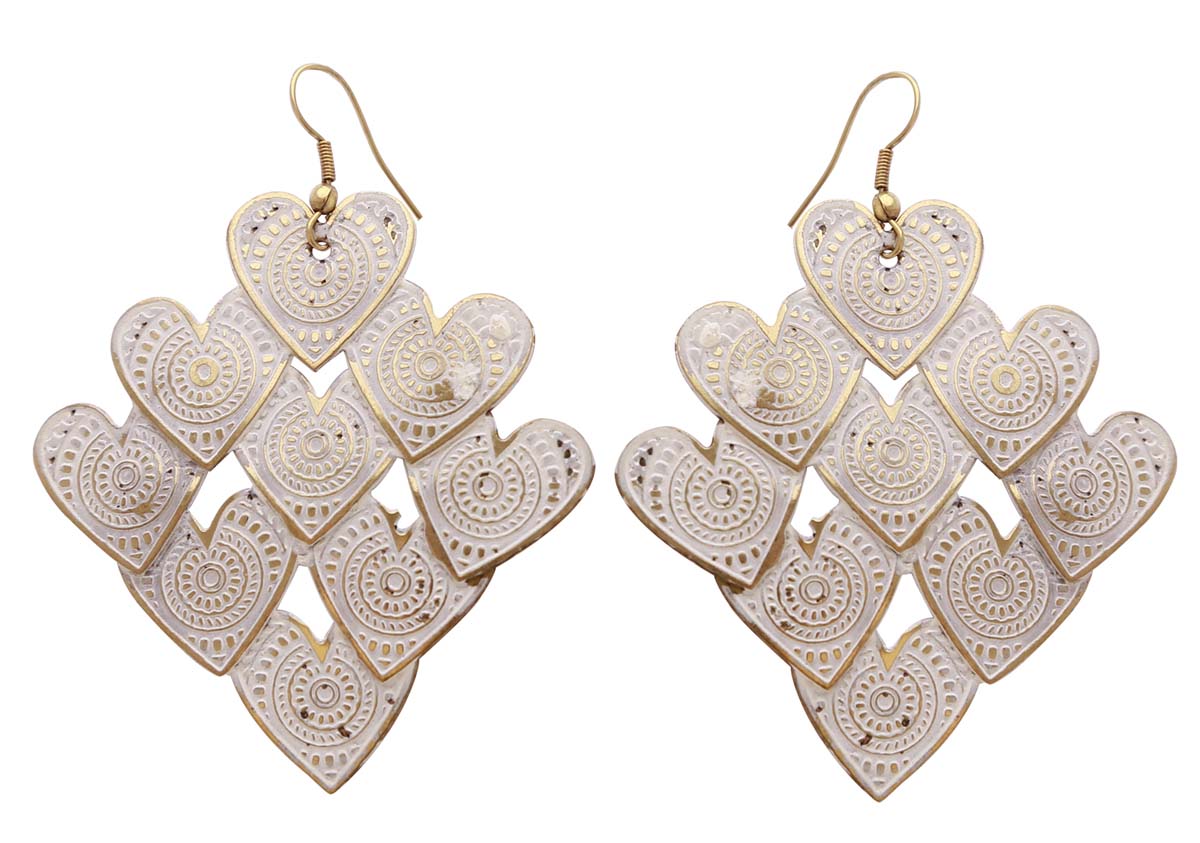Source Pair of Diamond Shaped Hanging Earrings in Bulk - White & Golden Color - Designed with Multiple Hearts - Wholesale Women Fashion Jewelry & Accessories