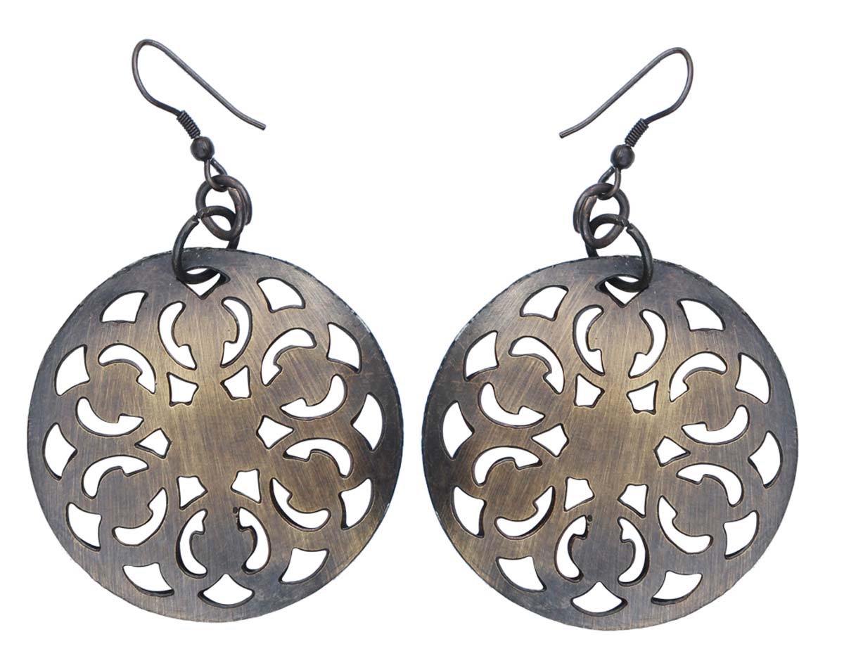 Wholesale Pair of Circle Shaped Hanging Earrings - Dull Finish - Designed with Intricate Cut-Out Patterns - Buy Bulk Women Fashion Jewelry & Accessories