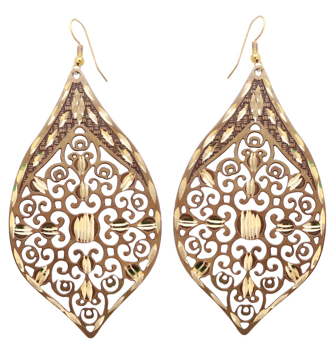Pair of Leaf Shaped Hanging Earrings in Bulk - Wholesale Earrings with Golden, Dull Golden & Brown Color - Designed with Intricate Cut-Out Patterns - Source Women Fashion Jewelry & Accessories