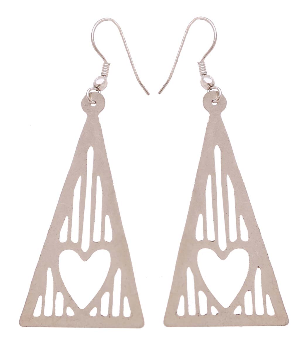 Wholesale Metal Triangle Shaped Hanging Earrings in Bulk - Handmade Earrings in Metal with Silver Finish - Designed with a Heart Shaped Cut-Out - Fashion Jewelry & Accessories from India