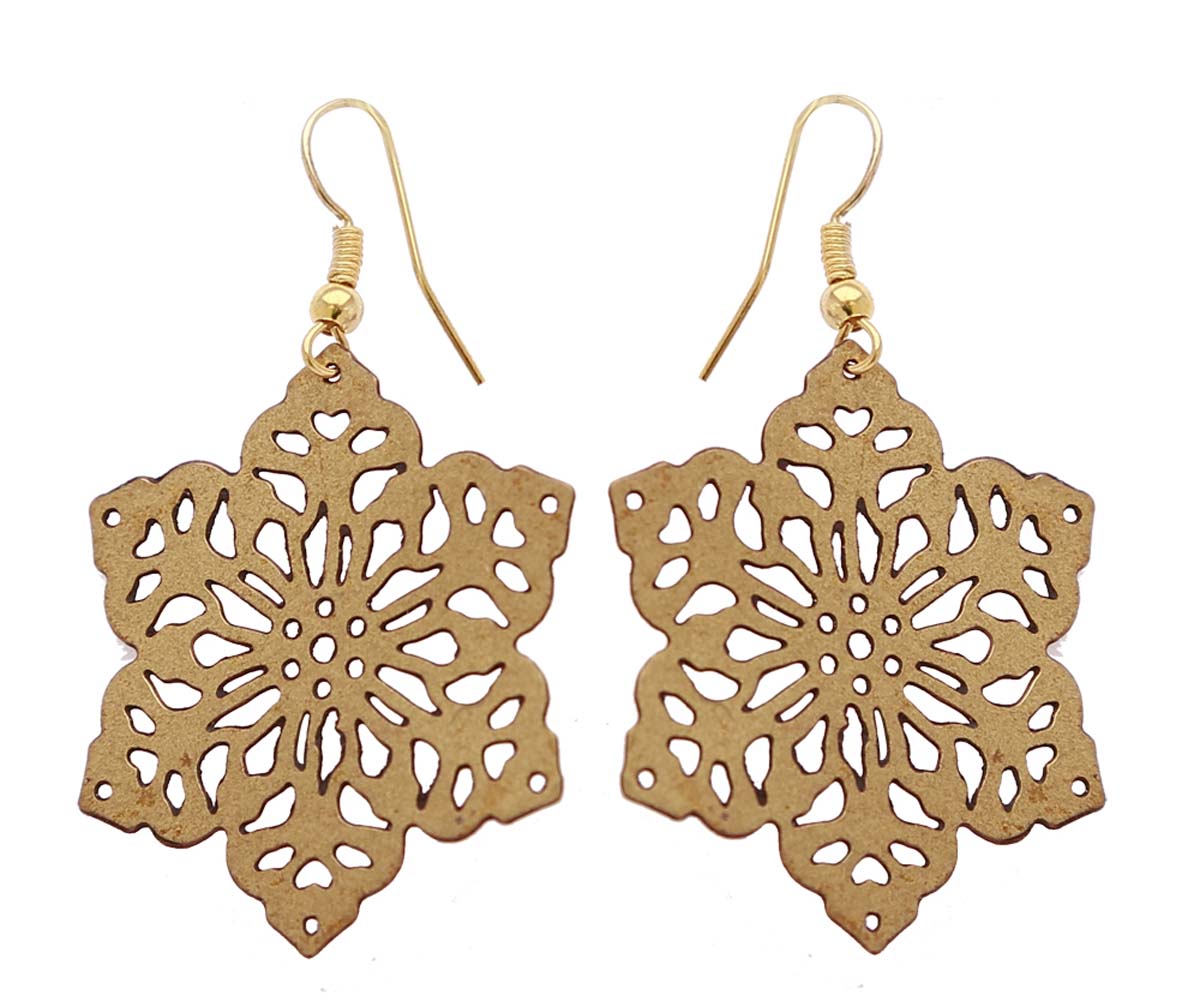 Source Pair of Flower Shaped Hanging Earrings in Bulk - Dull Golden Finish - Designed with Intricate Cut-Out Patterns - Wholesale Women Fashion Jewelry & Accessories