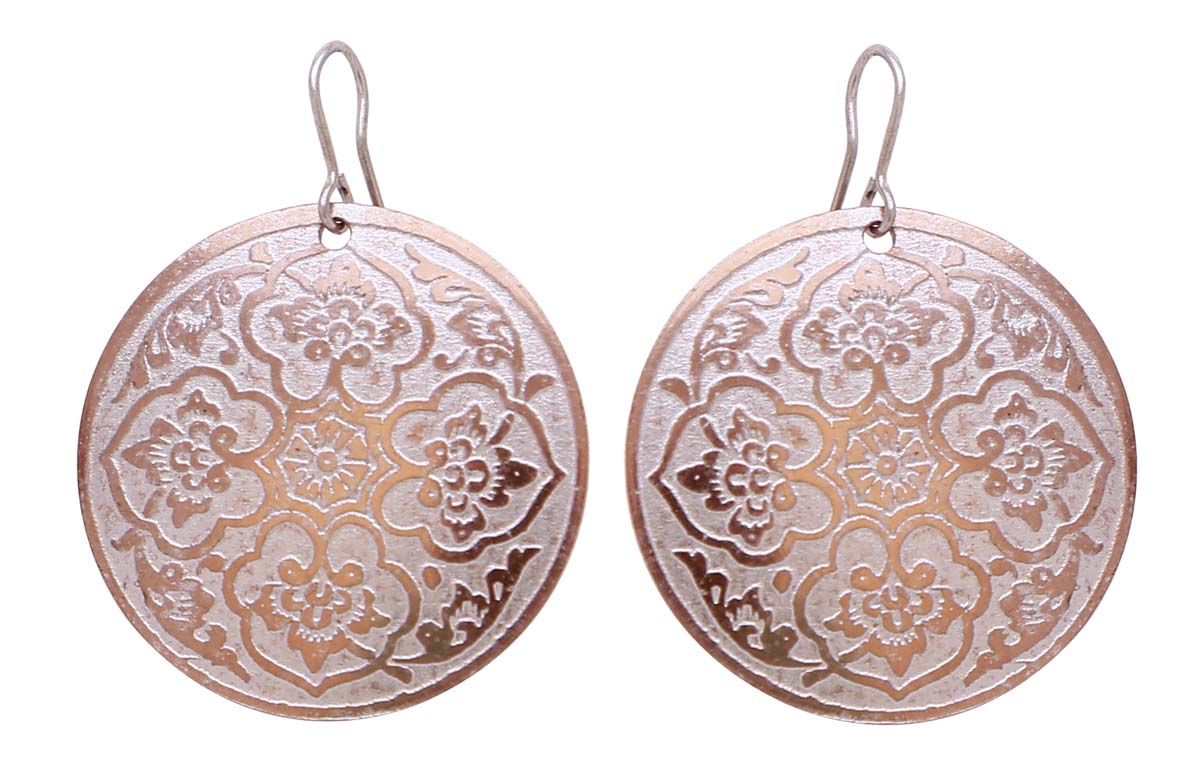 Bulk Buy Round-Shaped Metal Earrings with - Wholesale Handmade Dangle/Drop Earrings with Dull-Golden & Gray Color - Decorated with Floral Motifs - Women Fashion Accessories & Supplies