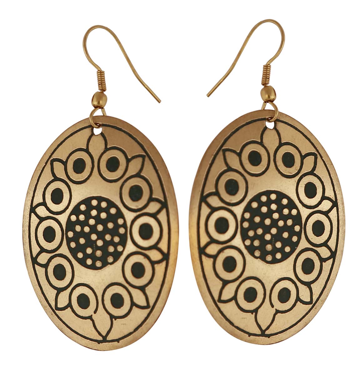 Pair of Oval Shaped Hanging Earrings in Bulk - Wholesale Earrings with Golden Finish - Designs Highlighted in Black Color - Source Women Fashion Jewelry & Accessories