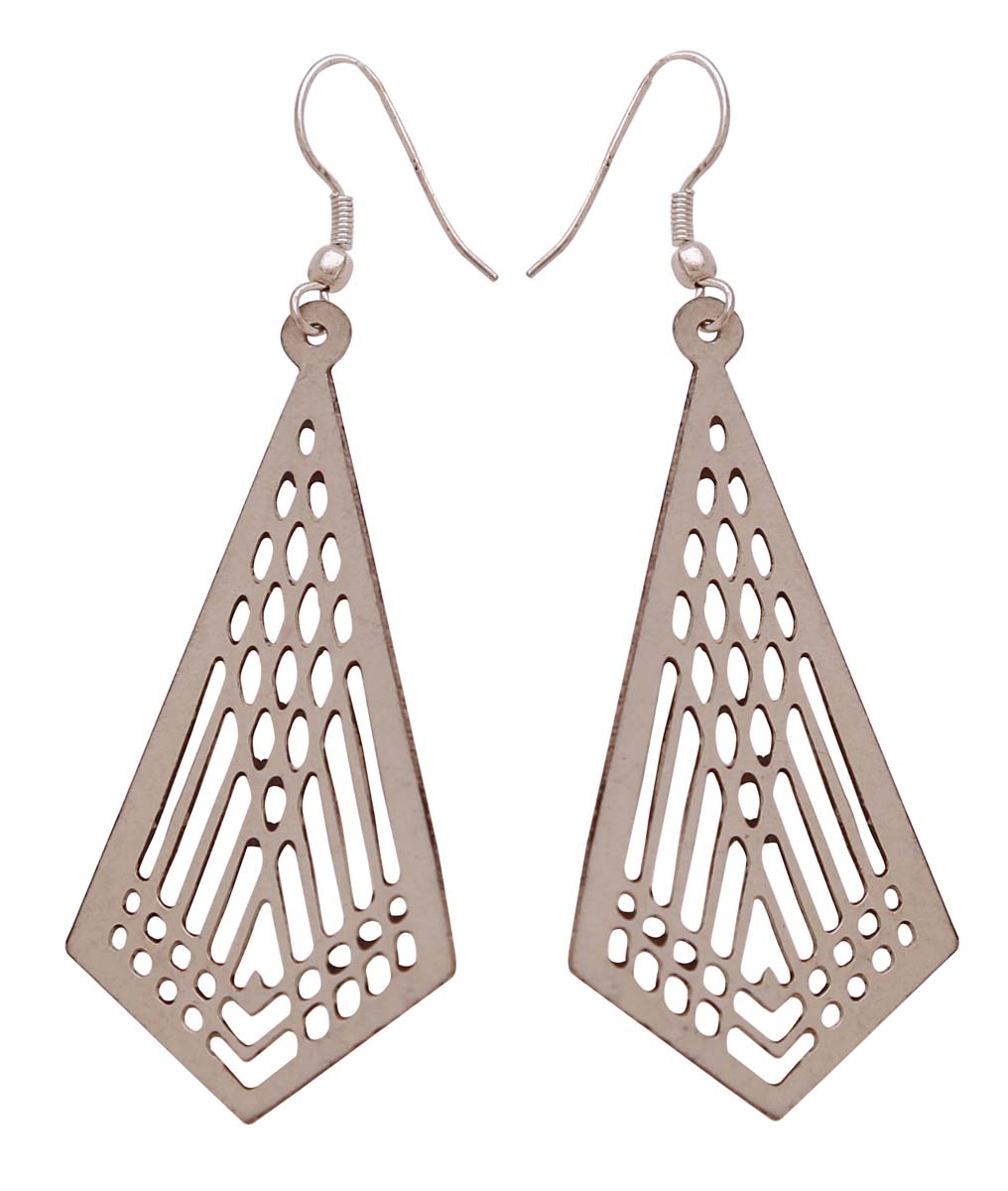 Metal Kite Shaped Hanging Earrings in Bulk - Wholesale Handmade Earrings in Metal with Silver Finish - Designed with Cut-Out Patterns - Fashion Jewelry & Accessories from India