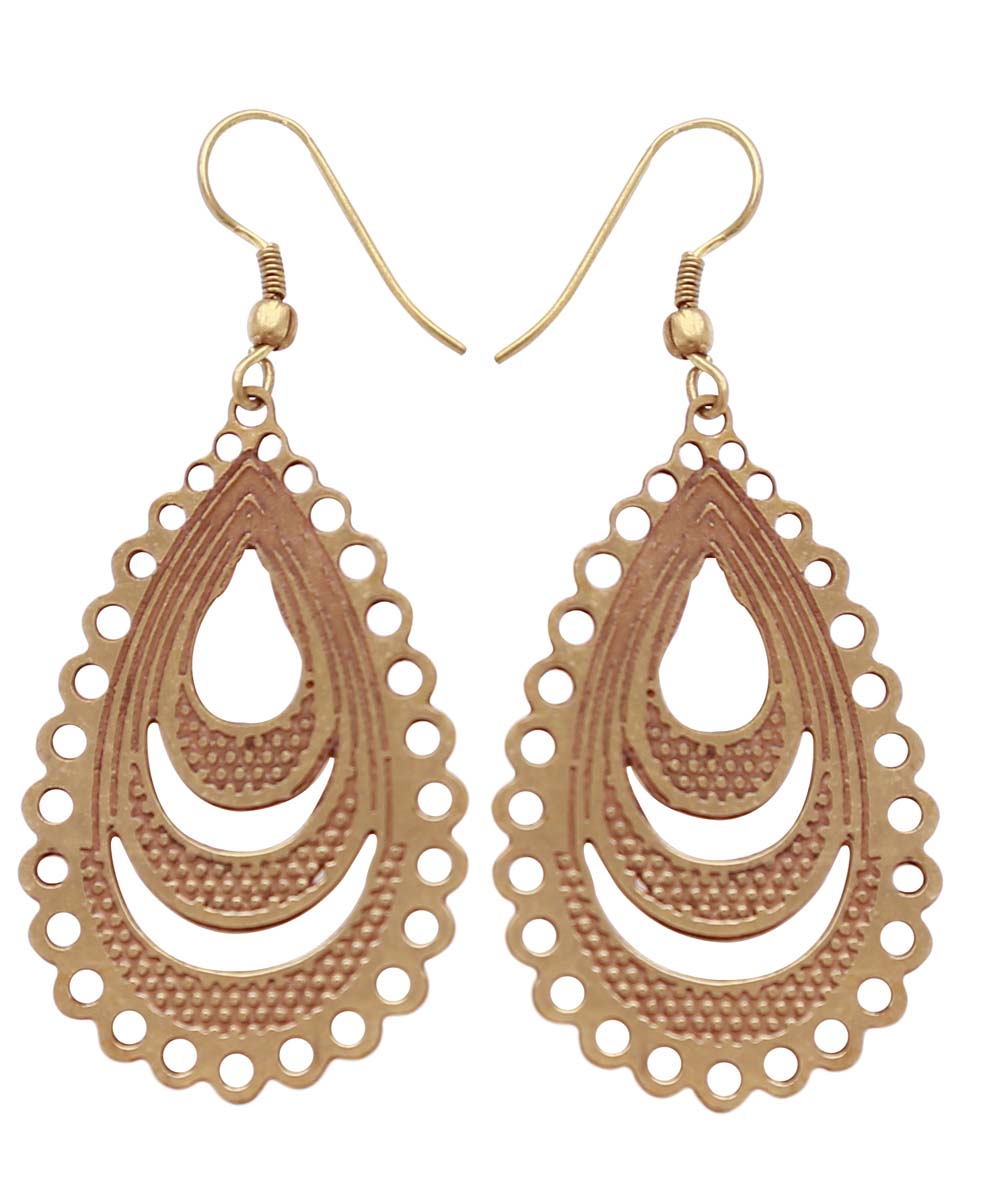 Pair of Tear Drop Shaped Hanging Earrings in Bulk - Wholesale Earrings in Metal with Golden & Brown Finish - Designed with Moon Shaped Cut-Out Patterns & Dotted Patterns - Source Women Fashion Jewelry & Accessories