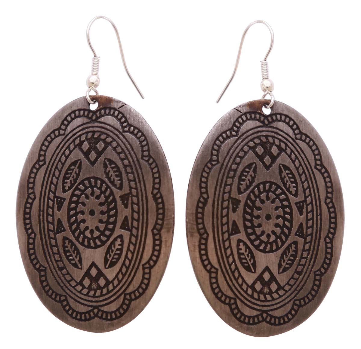 Source Pair of Oval Shaped Hanging Earrings in Bulk - Handmade Earrings in Metal with Brown, Black & Silver Finish - Decorated with Intricate Traditional Motifs - Wholesale Women Fashion Jewelry & Accessories