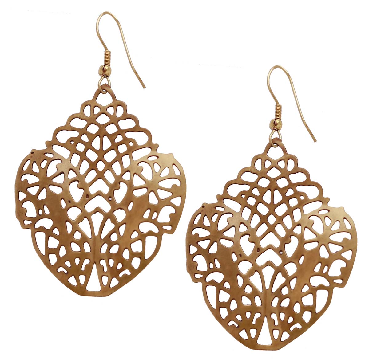 Bulk Buy Pair Heart Shaped Hanging Earrings in Metal with Golden & Dull Golden Finish - Designed with Intricate Cut-Out Patterns - Wholesale Women Fashion Jewelry & Accessories