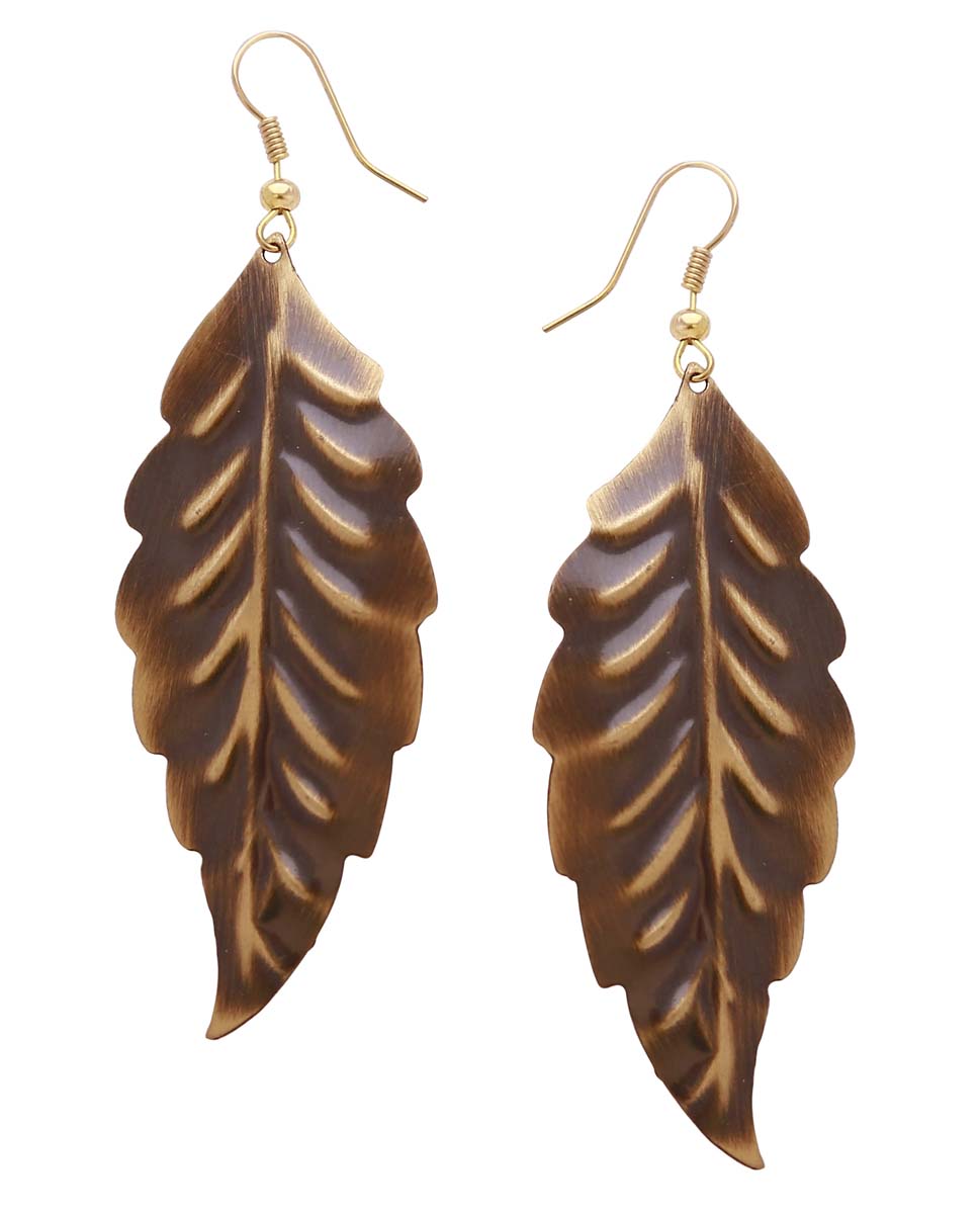 Wholesale Earrings In Bulk - Vintage Look Leaf Impressions Drop Earrings With Hooks - Brass In Dark Brown & Golden-Tone - Shop Fashion Jewelry & Accessories