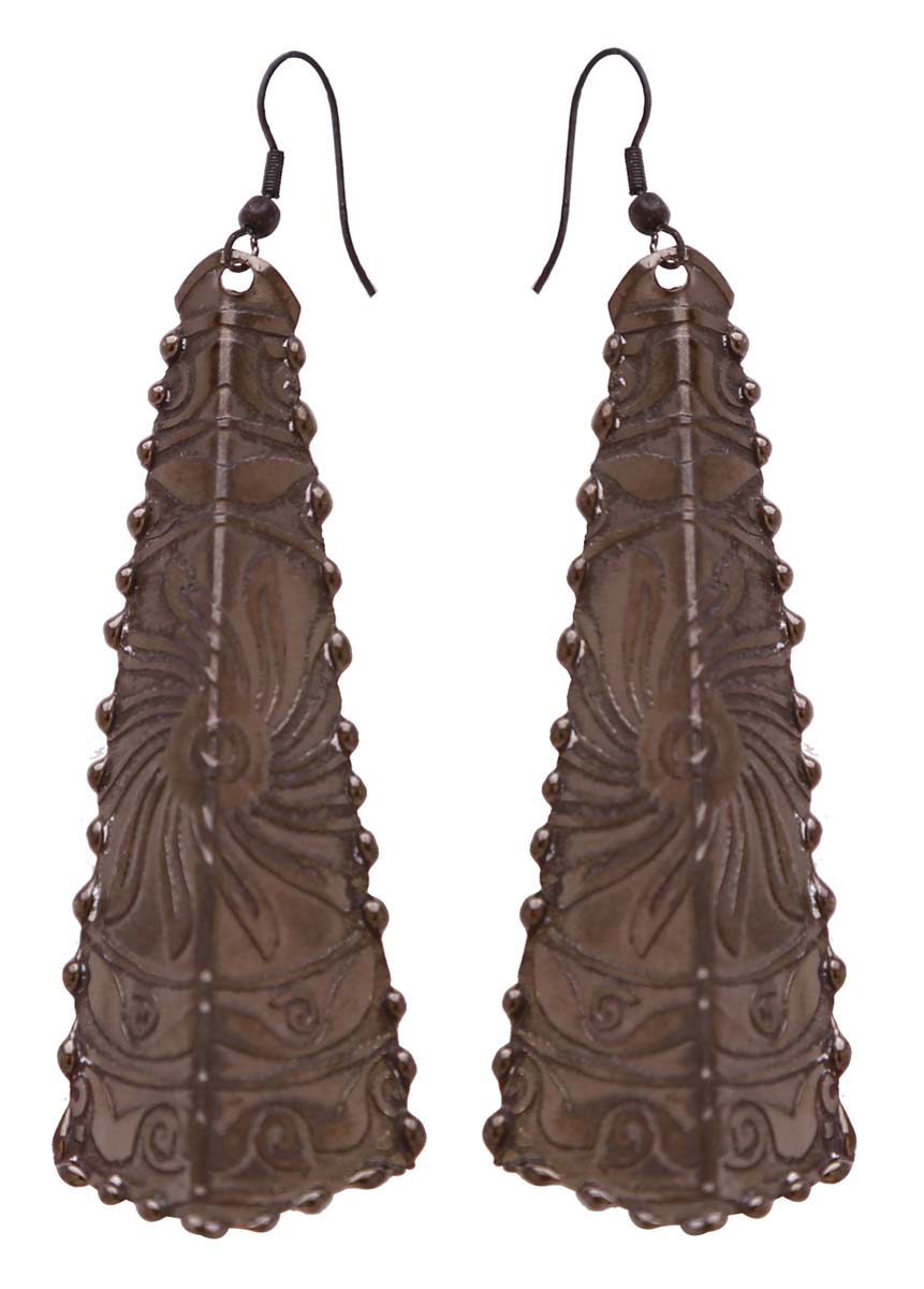 Wholesale Pair of Boho-Chic Tribal-Look Hook Earrings - 2D Triangular Shape - Rustic Brass With Etched Patterns In Dark Brown - Buy Bulk Women Fashion Jewelry & Accessories