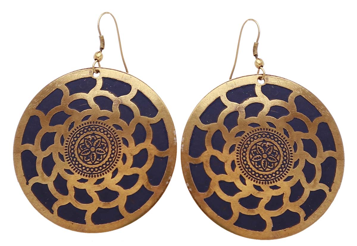 Bulk Buy Dark Blue Circle Shaped Metal Earrings in Bulk - Wholesale Handmade Dangle/Drop Earrings with Golden Finish - Women Fashion Accessories & Supplies