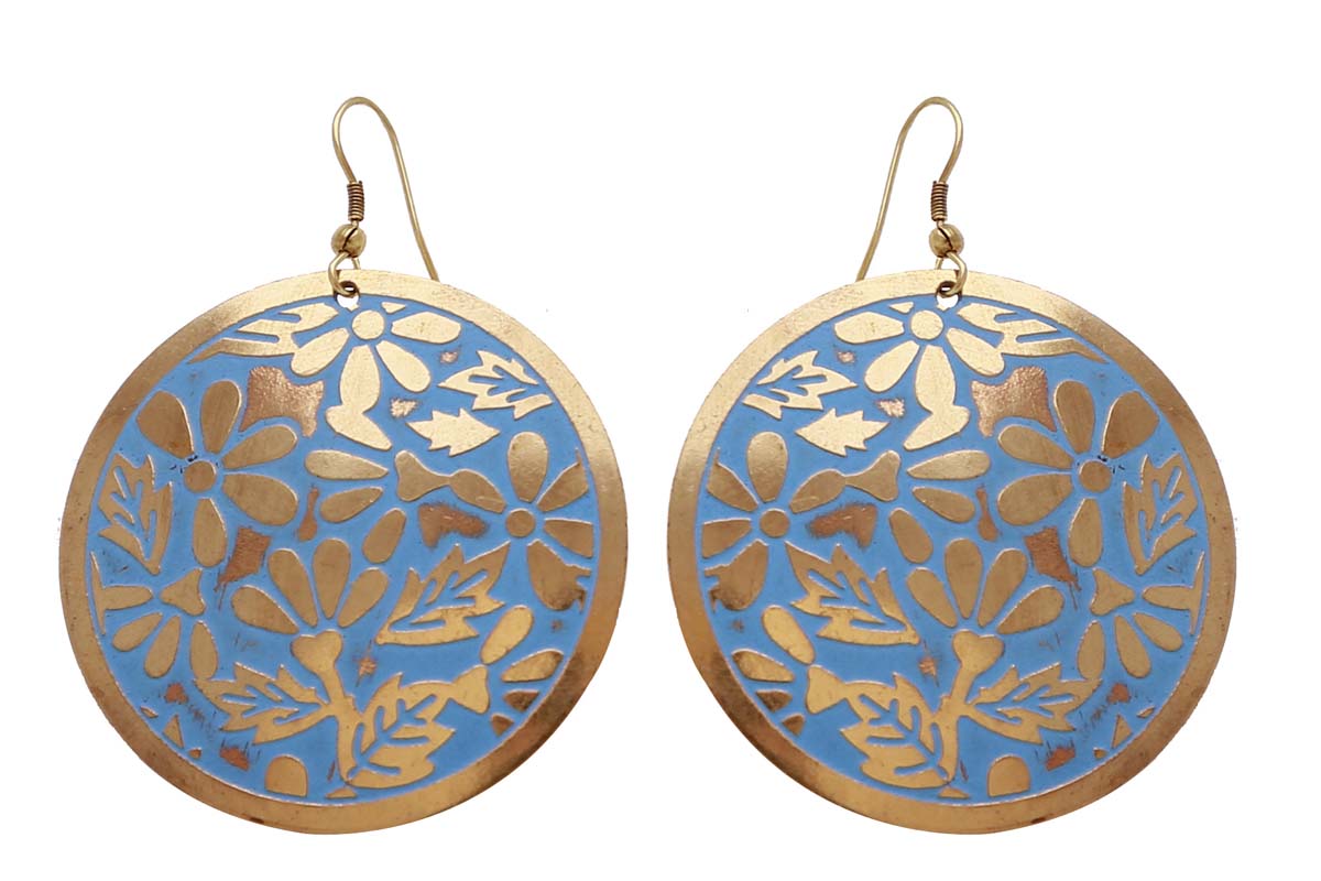 Wholesale Brass Hanging Earrings in Bulk - Handmade Round Dangle Earrings - Golden-Tone & Enamelled Blue - Etched Floral Motif Patterns - Women Fashion Jewelry Accessories from India