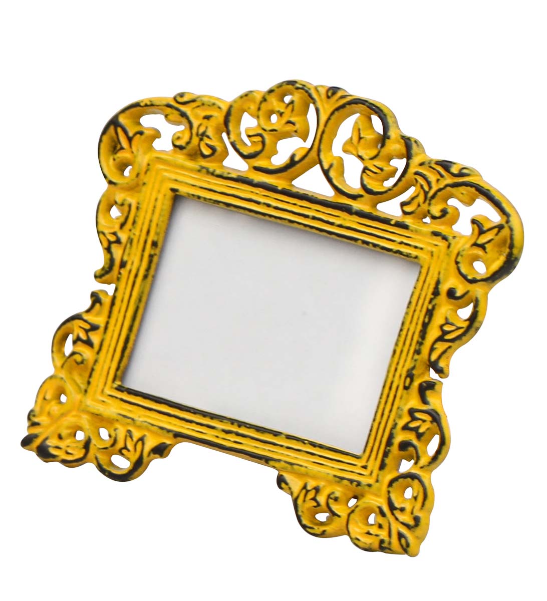 Bulk Buy Rectangular Yellow Photo/Picture Frame in Metal Work with Distressed-Look - Beautiful Carvings on the Edges - Wholesale Home Decor Picture Frame from India