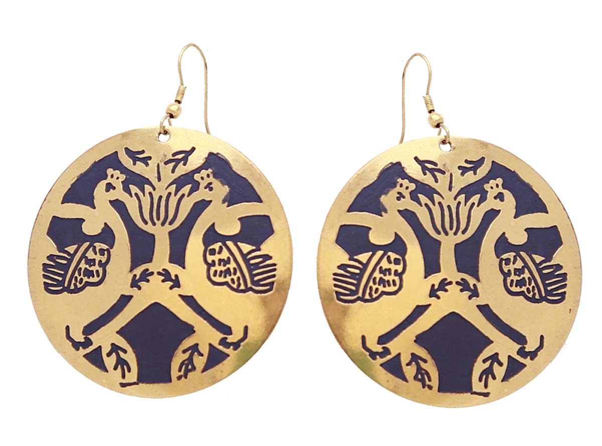 Wholesale Metal Hanging Earrings in Bulk - Handmade Dark Blue Dangle/Drop Earrings with Golden Finish - Decorated with Abstract Patterns - Fashion Jewelry & Accessories from India