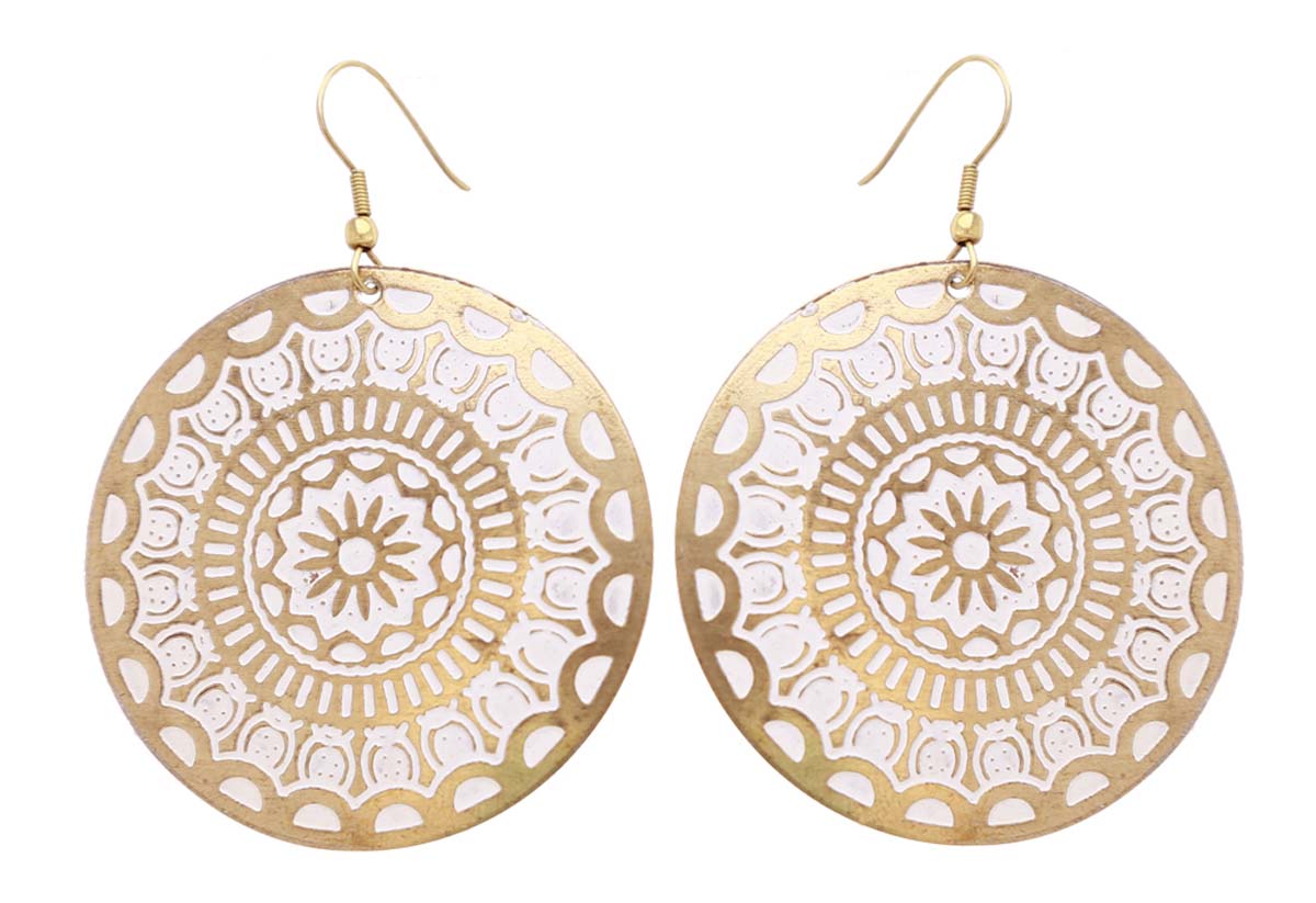 Wholesale Pair of Round Hook Earrings - Brass With Floral Mandala Motifs - Golden Tone & Enamelled White - Buy Bulk Women Fashion Jewelry & Accessories