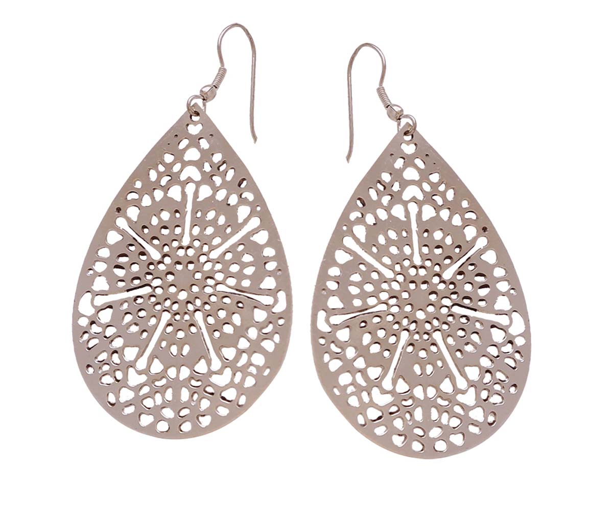 Wholesale Tear Drop Shaped Hanging Earrings - Handmade Earrings in Metal with Silver Finish Decorated with Intricate Cut-Out Patterns - Buy Bulk Women Fashion Jewelry & Accessories