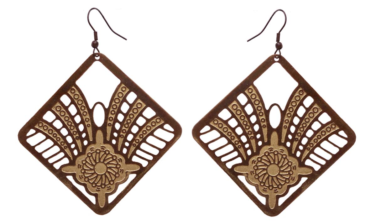 Wholesale Pair of Diamond Shaped Hanging Earrings - Finished in Golden & Brown Color - Decorated with Intricate Cut-Out Patterns & Dotted Patterns - Buy Bulk Women Fashion Jewelry & Accessories