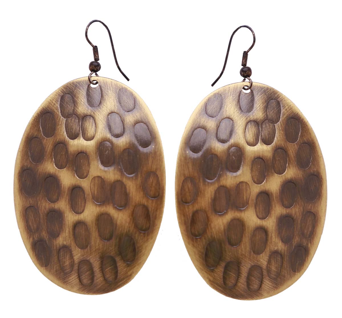 Bulk Buy Pair of Oval Shaped Hanging Earrings - Earrings Finished in Golden & Brown Color - Decorated with Oval Patterns - Wholesale Women Fashion Jewelry & Accessories