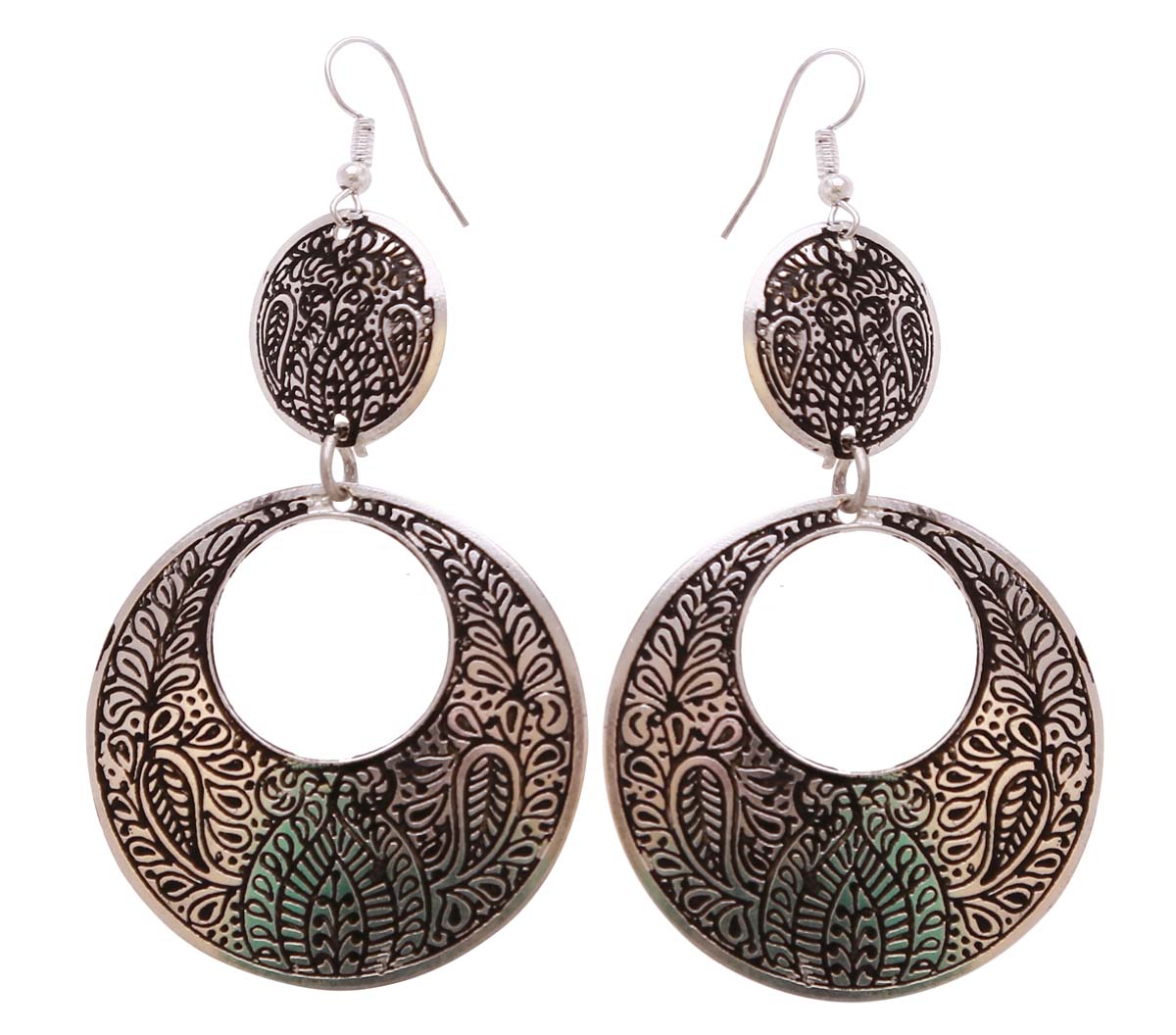 Wholesale Metal Silver & Black Color Hanging Earrings in Bulk - Handmade Dangle/Drop Earrings Decorated with Paisley Motifs - Fashion Women Jewelry & Accessories