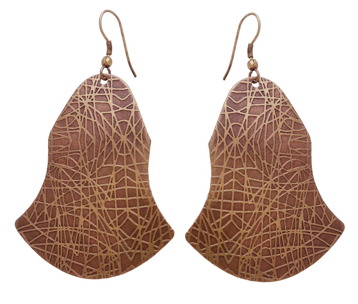 Bulk Buy Pair of Bell Shaped Hanging Earrings Finished in Copper Color & Adorned with Abstract Patterns in Golden Color - Wholesale Women Fashion Jewelry & Accessories