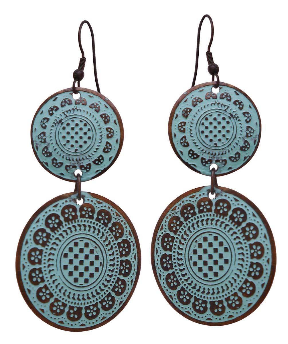 Wholesale Metal Hanging Earrings in Bulk - Handmade Blue & Copper Color Dangle/Drop Earrings Designed with Traditional Motifs from India