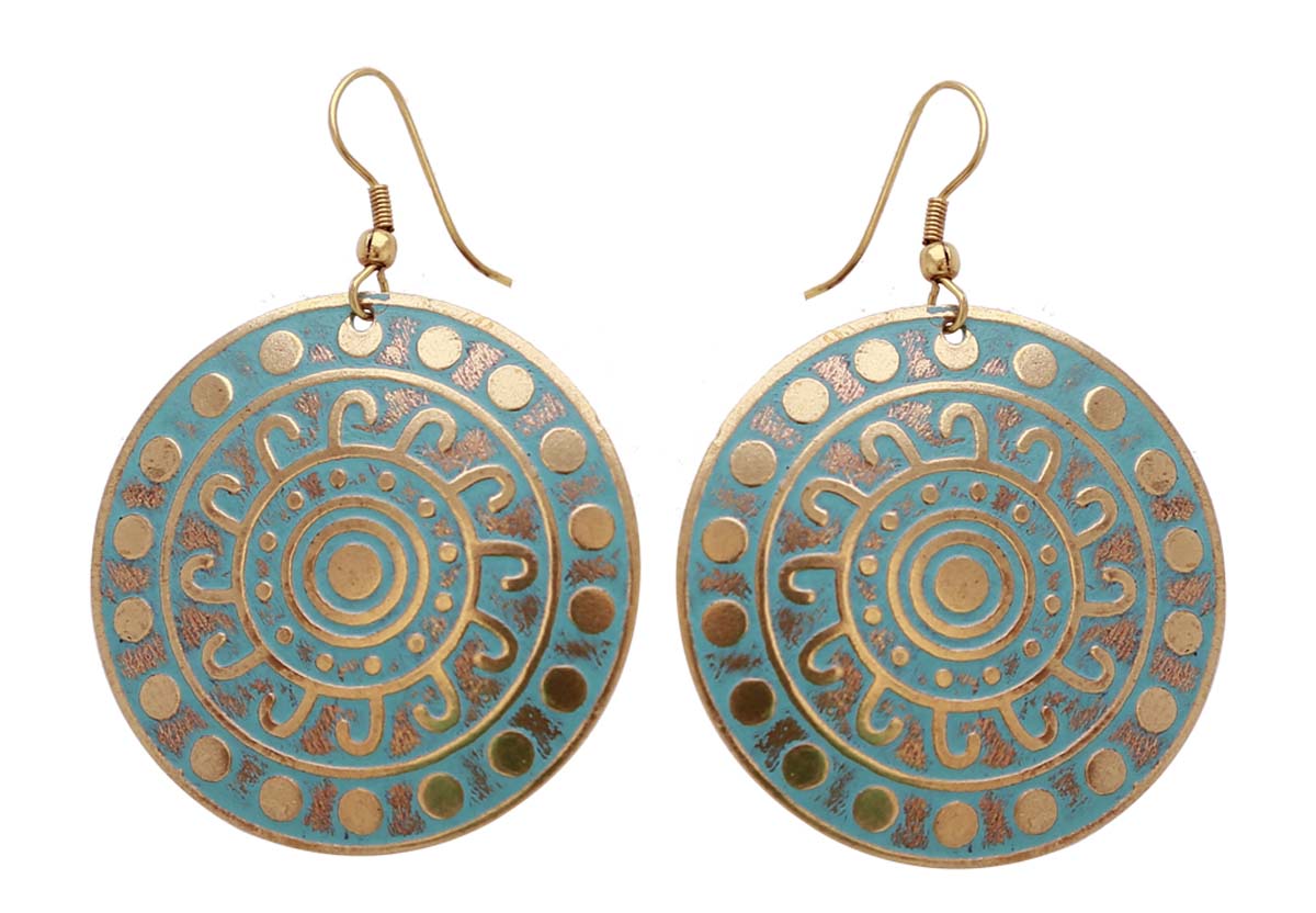 Bulk Buy Pair of Handmade Circle Shaped Hanging Earrings in Golden & Blue Color - Designed in Metal with Traditional Motifs - Wholesale Women Fashion Jewelry & Accessories