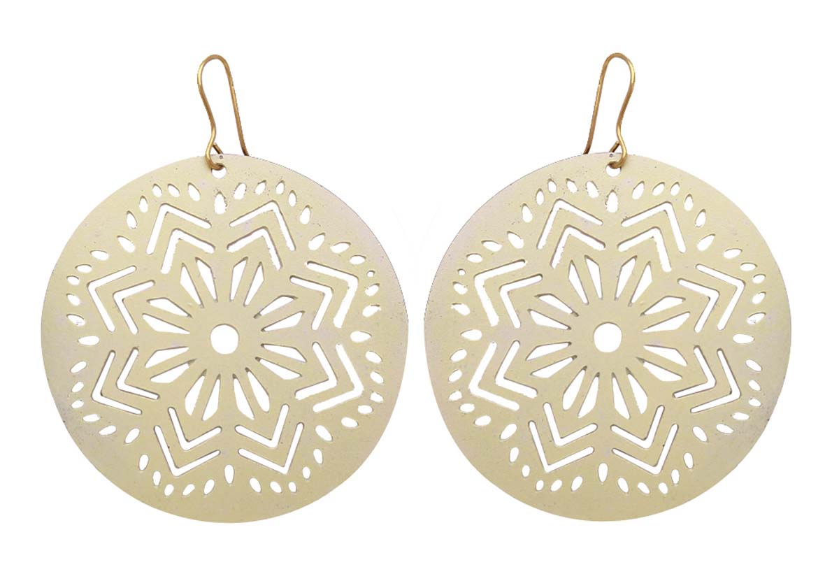 Bulk Buy Circle Shaped Metal Earrings in Bulk - Wholesale Handmade Dangle/Drop Earrings in Cream Shade - Designed with Intricate Cut-Out Patterns - Women Fashion Accessories & Supplies