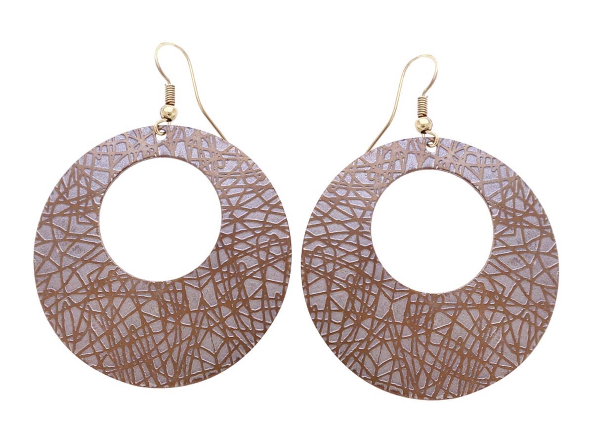 Wholesale Pair of Grey & Brown Circle-Shaped Earrings with Abstract Patterns - Designed with Round-Shaped Cut-Out - Buy Bulk Women Fashion Jewelry & Accessories