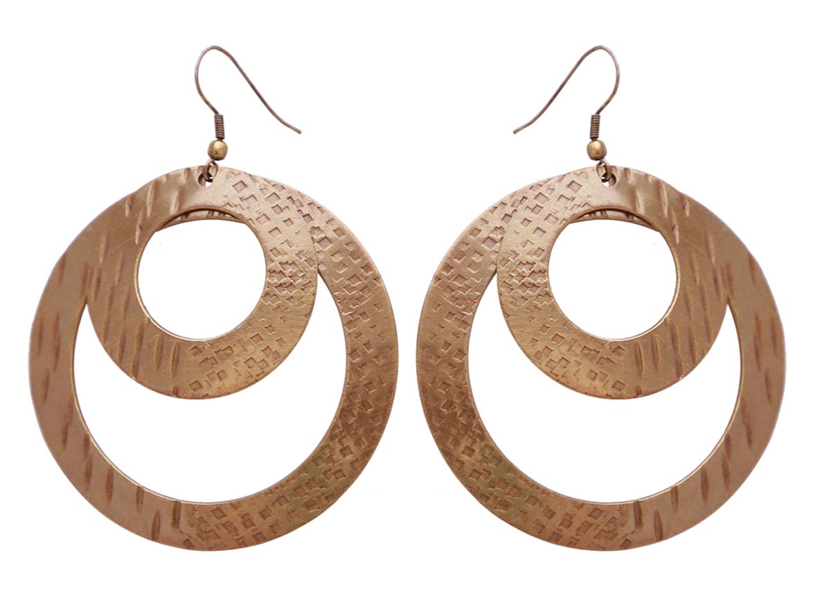 Bulk Buy Brown Color Dangle/Drop Earrings - Handmade Earrings Designed with Two Circles with Round Shaped Cut-Outs - Wholesale Women Fashion Jewelry & Accessories