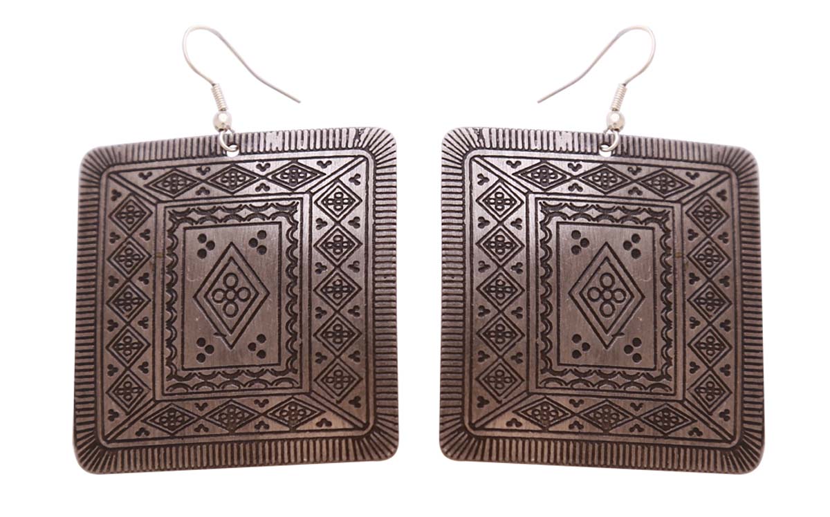 Bulk Buy Pair of Taupe Color Square-Shaped Earrings - Dangle/Drop Earrings in Metal with Traditional Motifs - Wholesale Women Fashion Jewelry & Accessories