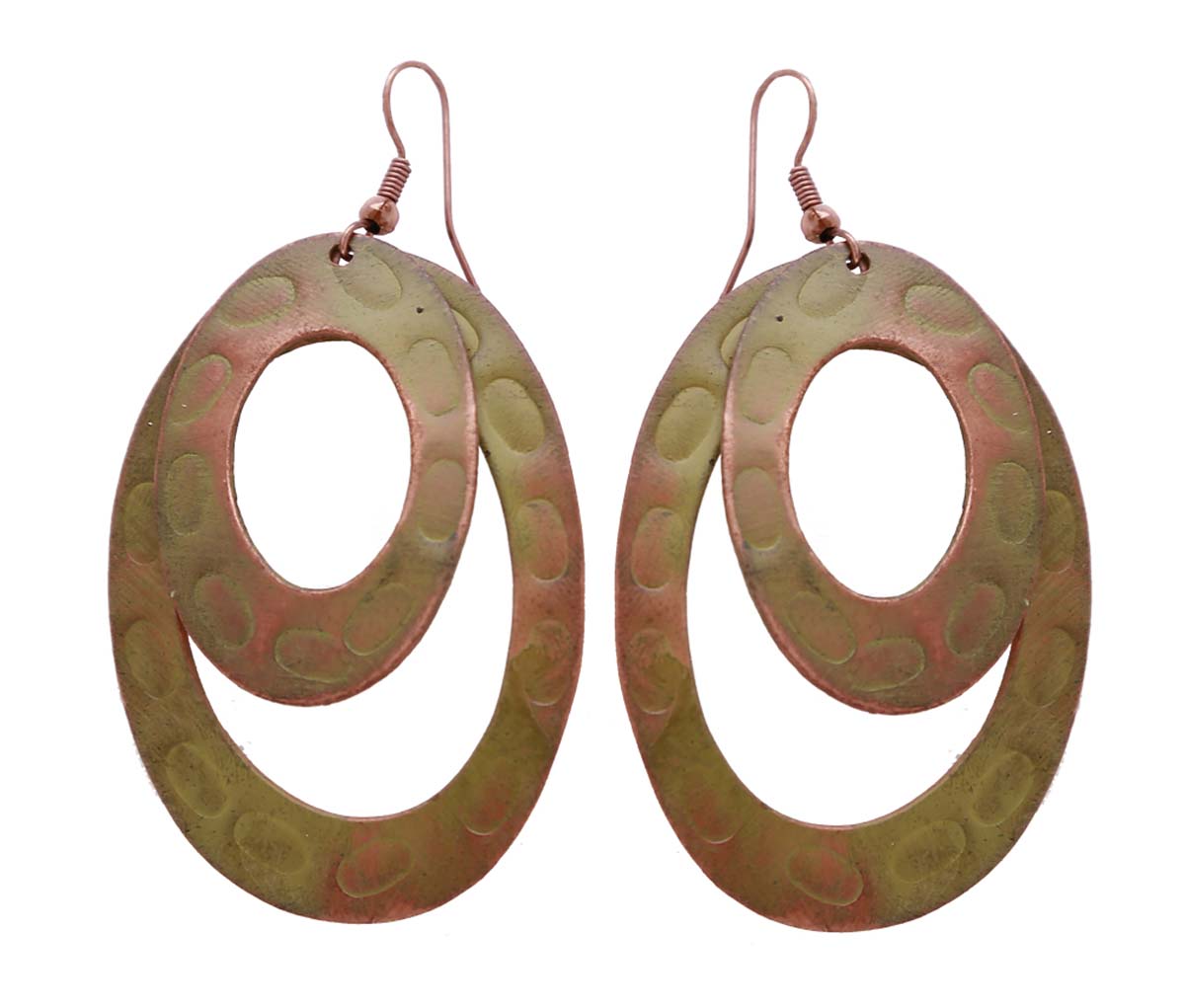 Wholesale Metal Hanging Earrings in Bulk - Handmade Dangle/Drop Earrings Finished in Dual Shades of Copper & Green with Two Oval Shapes Cut-Outs from India