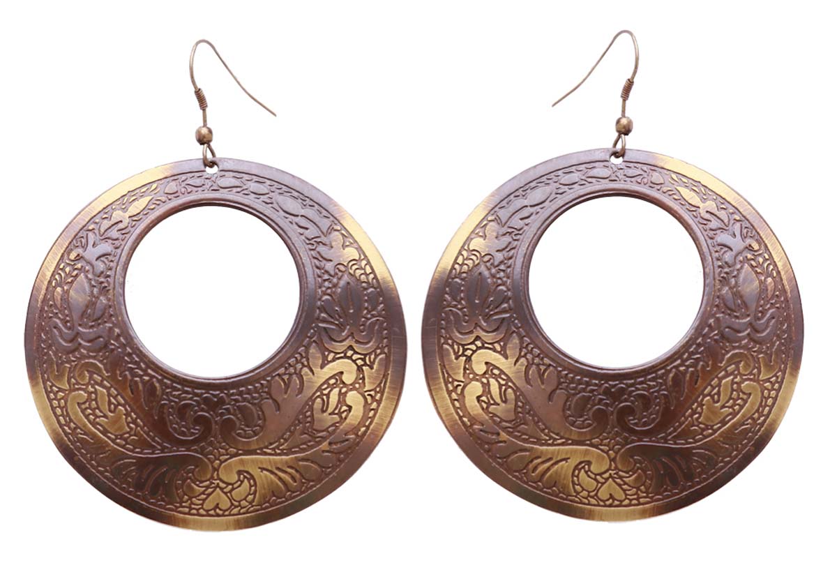 Wholesale Metal Antique-Look Earrings in Bulk - Handmade Circle Shaped Drop Earrings Finished in Dual Shades Golden & Brown - Decorated with Traditional Motifs - Fashion Jewelry & Accessories from India