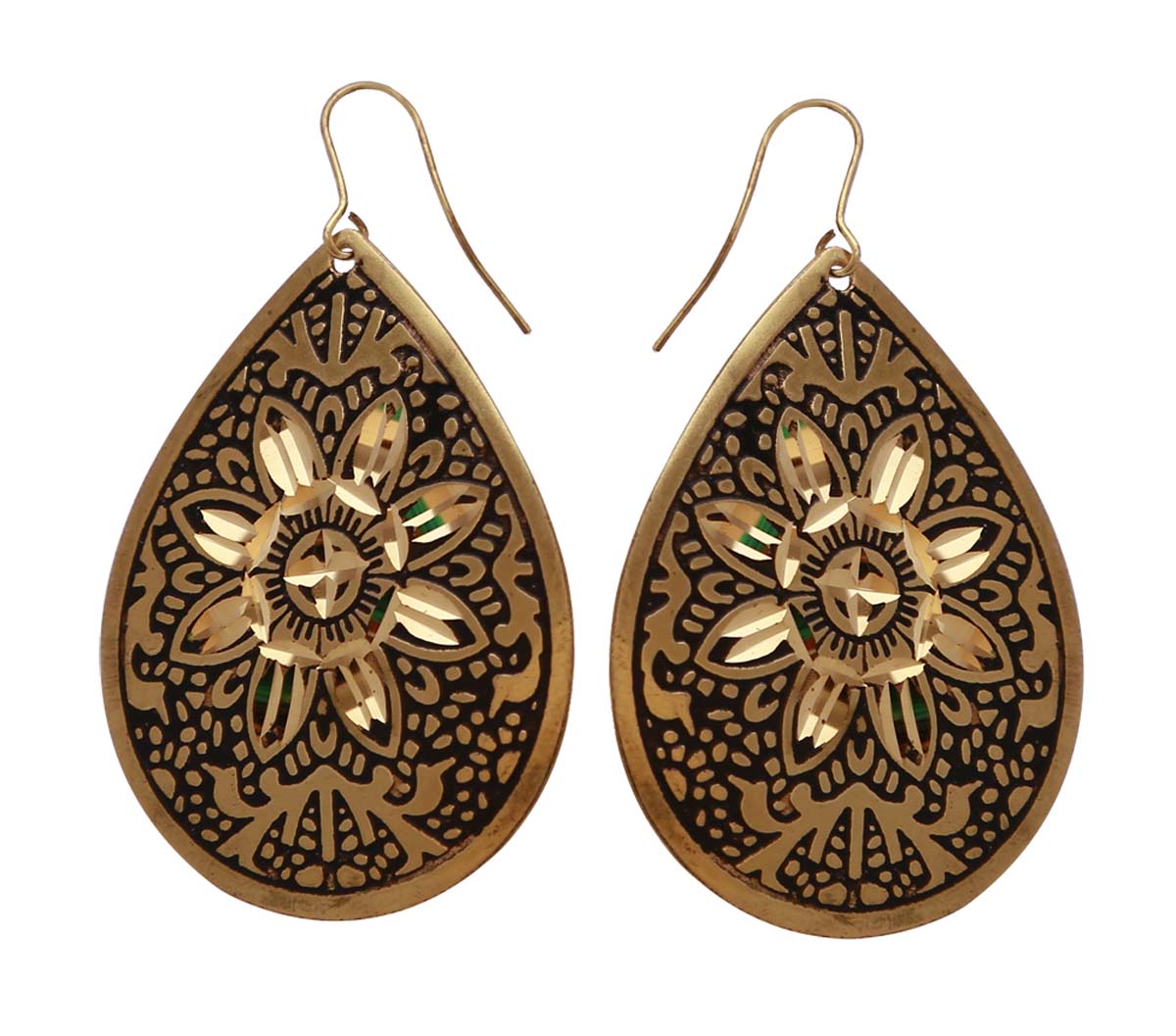 Wholesale Metal Hanging Earrings in Bulk - Handmade Tear Drop Shaped Dangle/Drop Earrings Designed Finished in Golden & Black Color with a Floral Pattern at the Center - Fashion Jewelry & Accessories from India