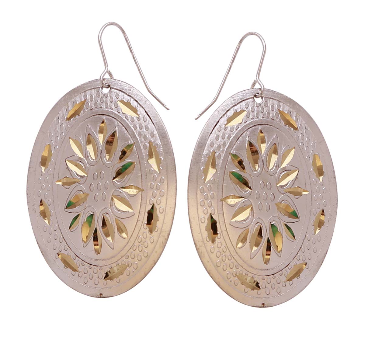 Wholesale Pair of Oval Hook Earrings - Silver & Golden Tone Brass With Etched Floral Leafy Patterns - Buy Bulk Women Fashion Jewelry & Accessories