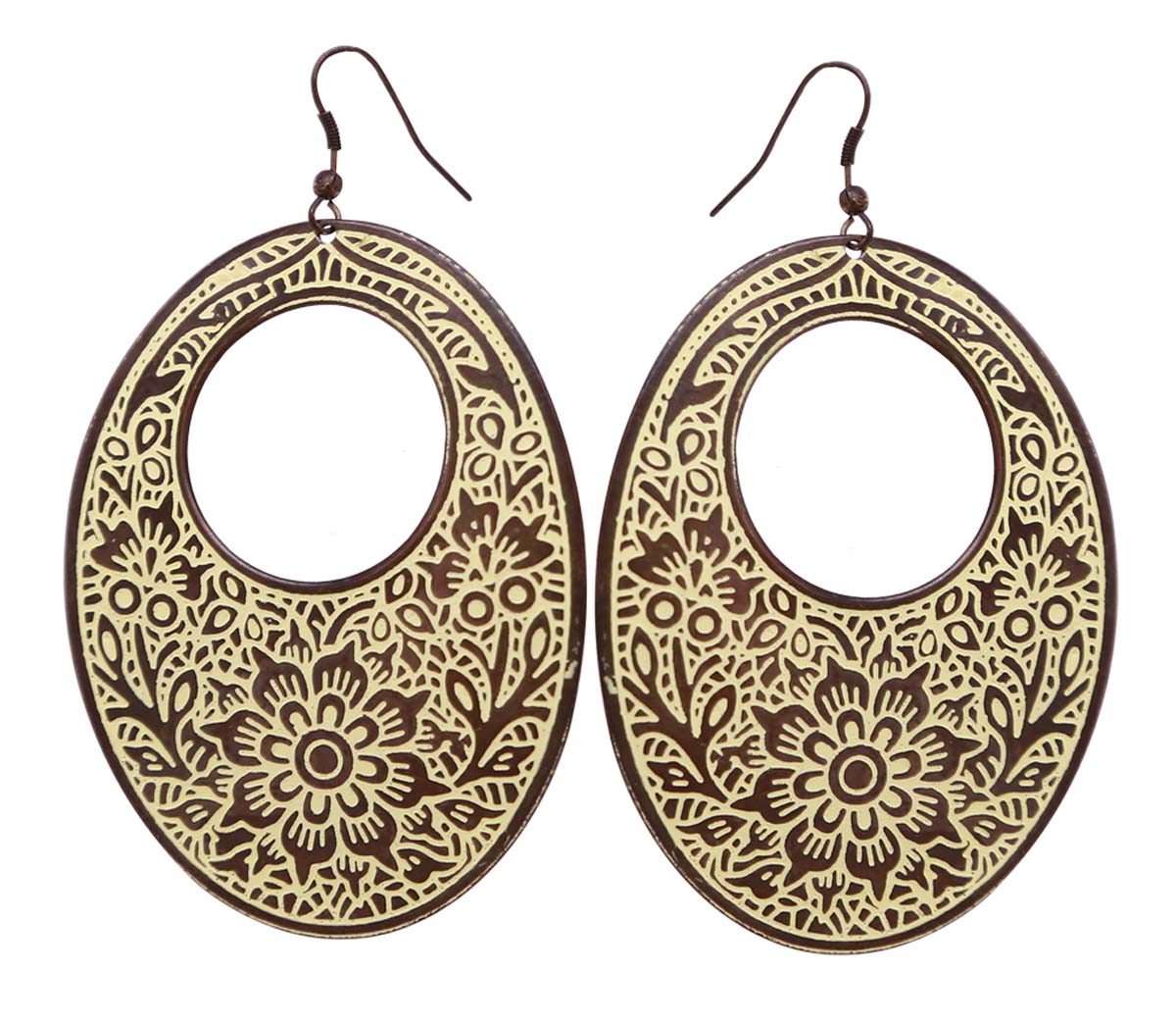 Bulk Buy Metal Earrings with a Circle Shaped Cut-Out - Wholesale Handmade Oval Shaped Dangle/Drop Earrings with Traditional Motifs in Brown & Cream Color - Women Fashion Accessories & Supplies