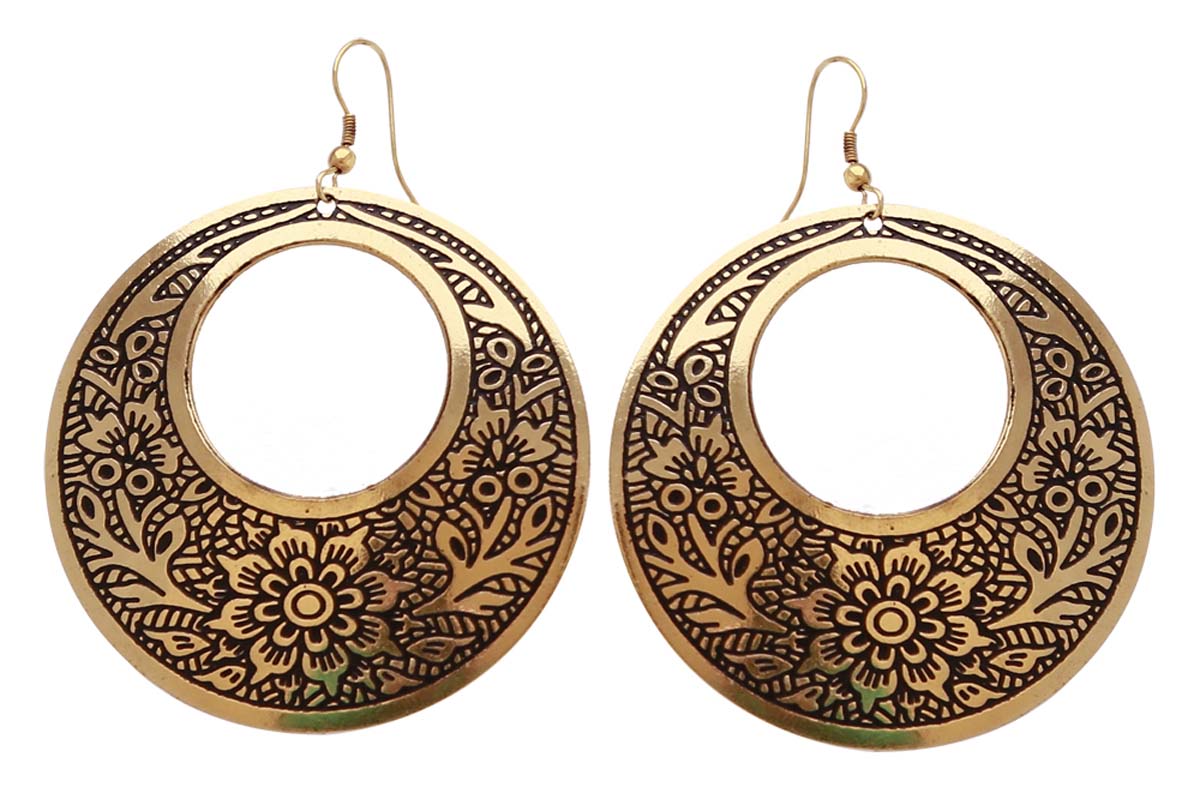Bulk Wholesale Handmade Circle-Shaped Dangle / Drop Earrings in Metal with a Cut-Out – Decorated with Traditional Motifs in Black over Golden Base – Hanging Earrings / Classic-Look Jewelry