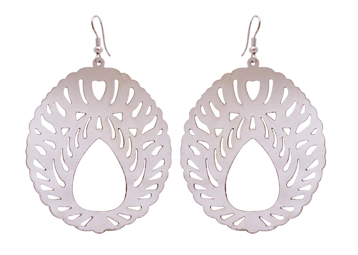 Bulk Buy Pair of Silver Color Circle-Shaped Earrings - Dangle/Drop Earrings in Metal with a Wavy Scalloped Edge - Designed with Cut-Out Patterns - Wholesale Women Fashion Jewelry & Accessories