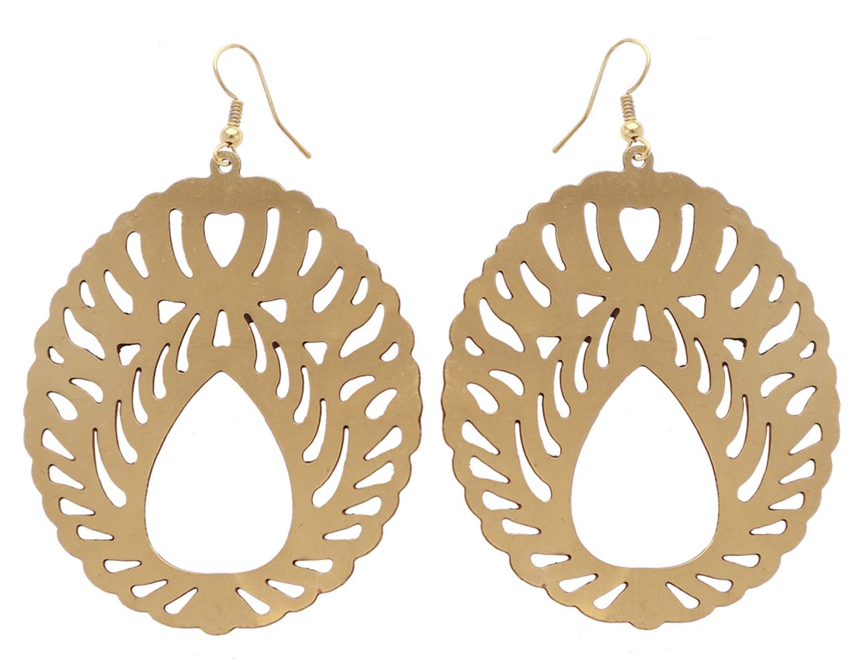 Bulk Buy Pair of Golden Color Circle-Shaped Earrings - Source Dangle/Drop Earrings in Metal with a Wavy Scalloped Edge - Designed with Cut-Out Patterns - Wholesale Women Fashion Jewelry & Accessories
