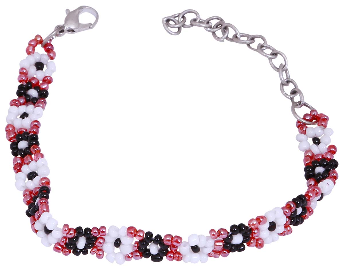 Wholesale Hand Beaded Bracelet/Band in Bulk - Wholesale Bracelet/Band in White, Black & Red Beads with Lobster Claw Clasp Closure - Designed with Floral Patterns - Stylish Women Fashion Jewelry & Accessories