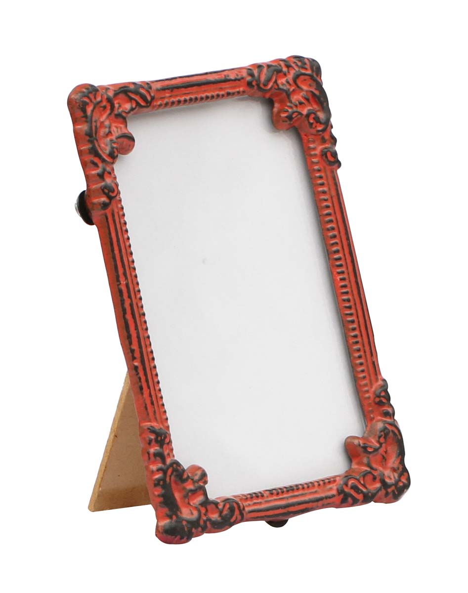 Bulk Buy Rectangular Red Photo/Picture Frame in Metal Work with Distressed-Look - Beautiful Carvings on the Edges - Wholesale Home Decor Picture Frame from India