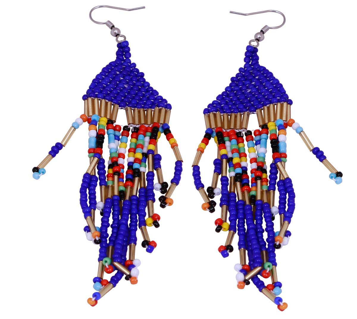 Wholesale Earrings In Bulk - Hand Beaded Triangle Shaped Drop & Hanging Earrings in Blue Color - Shop Fashion Jewelry & Accessories