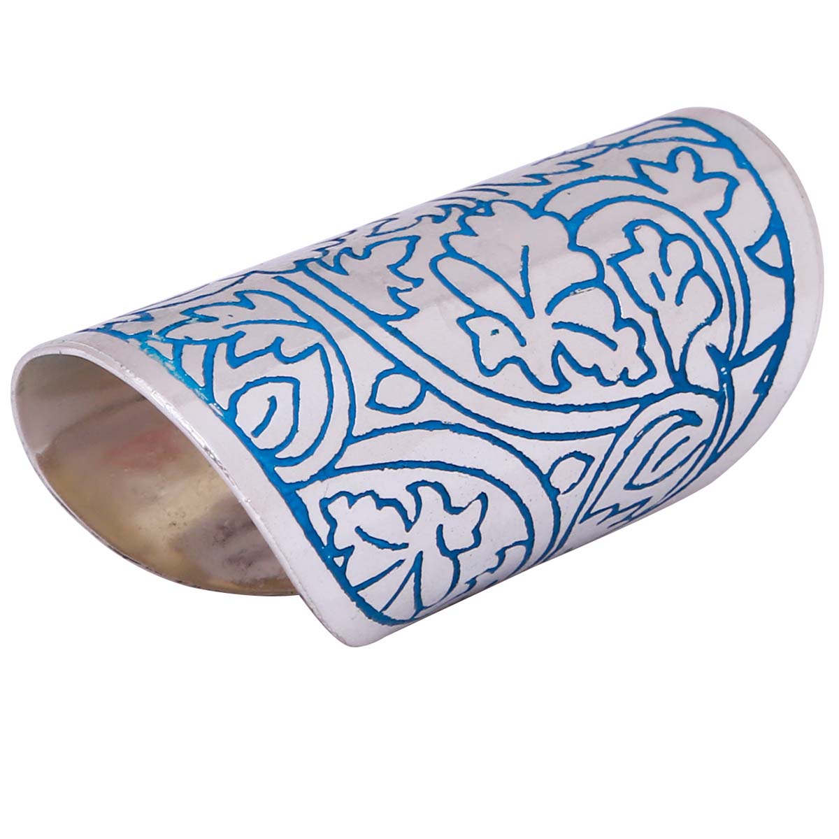 Bulk Wholesale Handmade Broad Adjustable Ring in Metal with Silver Color Finish – Decorated with Floral Patterns in Blue Color – Fashion Accessories / Stylish Jewelry