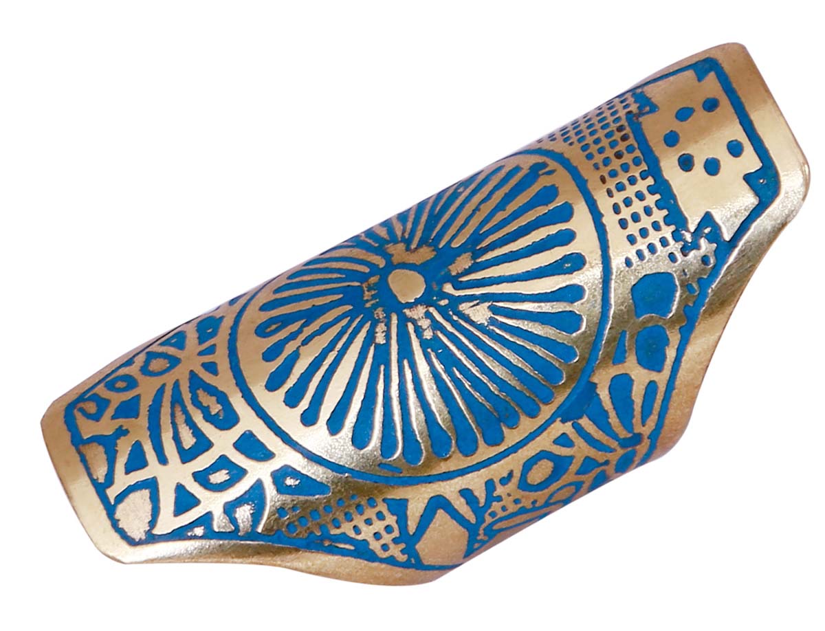 Bulk Wholesale Handmade Broad Adjustable Ring in Metal with Golden Color Finish – Decorated with Patterns in Blue Color – Fashion Accessories / Stylish Jewelry 
