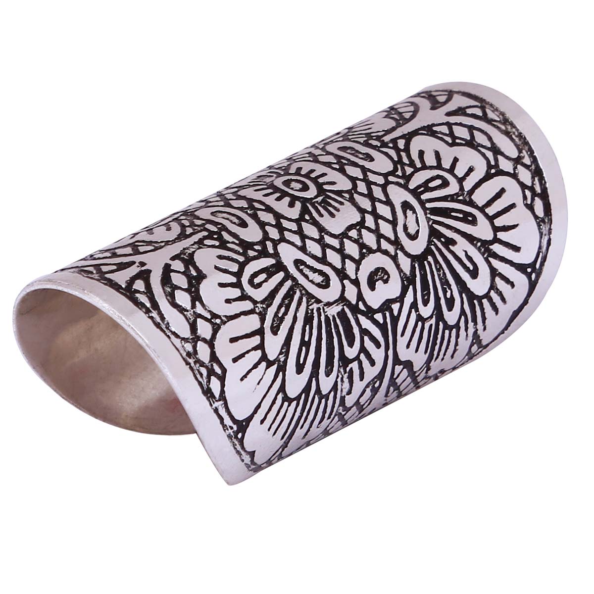 Bulk Wholesale Handmade Antique-Look Broad Adjustable Ring in Metal with Silver Color Finish – Decorated with Floral Patterns in Black Color – Fashion Accessories / Stylish Jewelry 